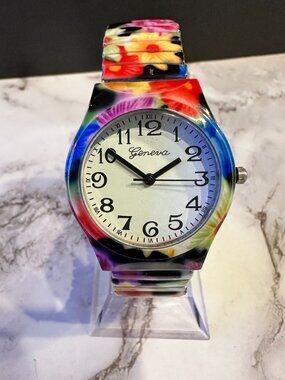 3/$30 Geneva Watch Women Black Floral Print Round Case Stretch Band 7.25"